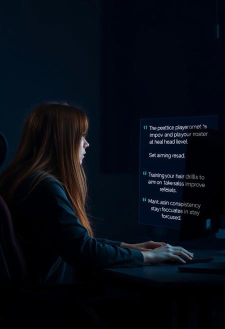“Create a 16:9 cinematic scene where a player sits at a desk, immersed in a virtual game. The player is focused, with only the screen illuminating the dimly lit room. The operator (AI character) appears as a semi-transparent, holographic presence on the screen, with long, flowing brown hair that moves slightly as if affected by a gentle breeze. The operator’s appearance is human-like yet digital, exuding a calming and knowledgeable aura.
The operator engages in a conversation with the player, offering educational tips. The player asks how to improve their aim and reaction time. The operator provides guidance on proper crosshair placement, emphasizing aiming at head level, and suggests training drills to improve reflexes. The AI advises the player to maintain consistency in practice and take breaks to stay focused.
The scene highlights the interaction between the player and the operator, alternating between close-ups of the player’s focused expression and the glowing, moving presence of the AI. The operator’s words are visually enhanced with floating text or icons, reinforcing the tips. End the scene with the player nodding, smiling, and preparing to implement the advice, feeling confident and ready to improve.”