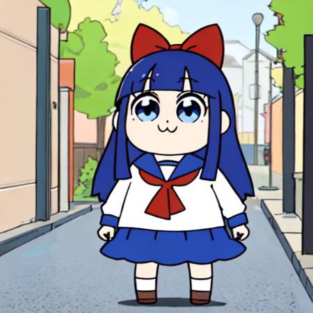 pop team epic popuko, short hair, skirt, shirt, hair ornament, long sleeves, twintails, school uniform, yellow eyes, white shirt, sidelocks, shoes, serafuku, socks, sailor collar, orange hair, two side up, blue skirt, neckerchief, brown footwear, scrunchie, short twintails, white socks, blue sailor collar, red neckerchief, hair scrunchie, yellow scrunchie pipimi, long hair, blue eyes, skirt, shirt, bow, school uniform, blue hair, white shirt, hair bow, sidelocks, shoes, serafuku, socks, blunt bangs, sailor collar, red bow, blue skirt, neckerchief, brown footwear, blue sailor collar