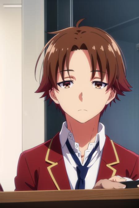 kiyotakaayanokouji, <lora:kiyotaka ayanokouji s2-lora-nochekaiser:1>,
kiyotaka ayanokouji, brown hair, (brown eyes:1.5), male focus, (parted bangs:1.5), short hair,
BREAK school uniform, jacket, necktie, blazer, blue necktie, shirt, white shirt, collared shirt, (red blazer:1.5),
BREAK indoors, classroom,
BREAK looking at viewer, (cowboy shot:1.5),
BREAK <lyco:GoodHands-beta2:1>, (masterpiece:1.2), best quality, high resolution, unity 8k wallpaper, (illustration:0.8), (beautiful detailed eyes:1.6), extremely detailed face, perfect lighting, extremely detailed CG, (perfect hands, perfect anatomy),