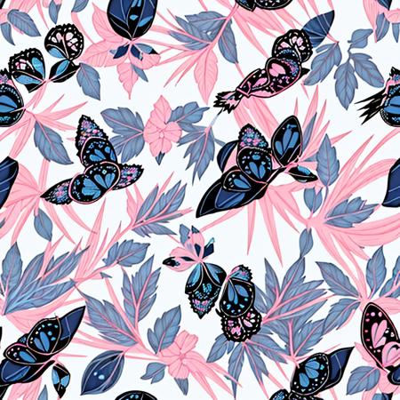 a blue and pink pattern with birds on a white background <lora:pattern-000140:0.9>