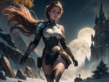 best quality, masterpiece, highres, 1girl, Detailed face, (Upper body:1.6), Cyber cities, a woman queen ice, realistic photo of a castle on a hill with a full moon in the background, cgsociety, fantasy art, fantasy, fantasy, epic hyper-detailed masterpiece ultra-wide, cinematic still , glamour hyper shoot , bokeh, pre-raphaelite, photo, realistic, 35 mm, photography , 8k resolution , 8 k, cinematic lighting, photographic, Eastman Kodak Color Negative film 5251 50T shot on panavision super , art by Bagshaw Tom, stanley, greg rutkowski, thomas kindkade, norman rockwell