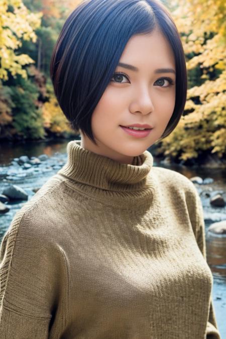 1girl,(wearing turtleneck sweater:1.2),(RAW photo, best quality), (realistic, photo-realistic:1.4), masterpiece, an extremely delicate and beautiful, extremely detailed, 2k wallpaper, Amazing, finely detail, extremely detailed CG unity 8k wallpaper, ultra-detailed, highres, soft light, beautiful detailed girl, extremely detailed eyes and face, beautiful detailed nose, beautiful detailed eyes,cinematic lighting,(autumn scenery:1.3),(by a small rocky river),(morning light),perfect anatomy,<lora:ramu_lora:0.8>,(short hair),big breasts,(smiling)