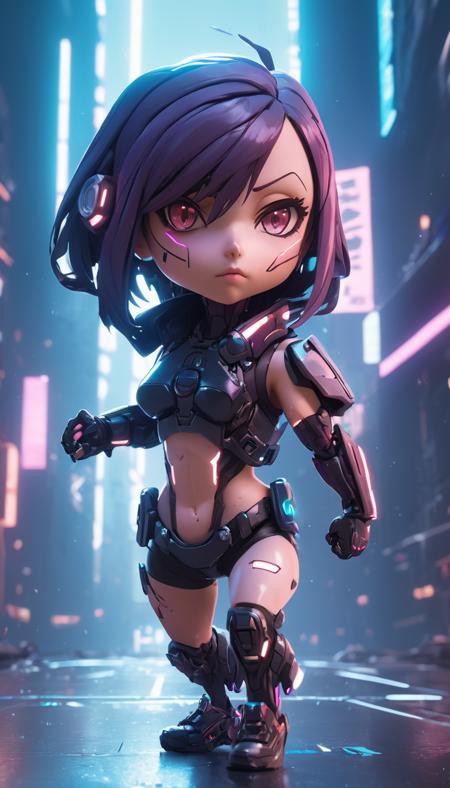 Cinematic scene, hero view, female cyberpunk woman, action pose, detailed background, masterpiece, best quality, high quality, highres, absurdres, chibi <lora:nendoroid_xl_v4:1>