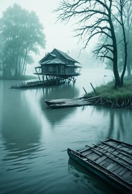 a wooden bridge that leads to a small island in the river. On the island stands a old house in slavic style, a couple of trees next to it, a half-submerged boat near the bridge. Fog rises around, a white haze around, like a veil separating from another world, style by Lovecraft, meticulous, intricate, entangled, intricately detailed