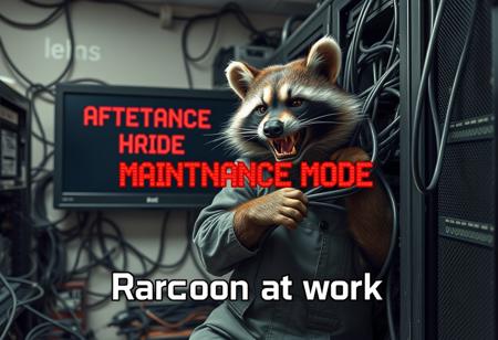An angry racoon mechanic pulling cables from a server rack, the room is messy, a monitor on the wall red pixel font text that says "MAINTENANCE MODE" in the center. Below that in a smaller font says "Racoon at work"