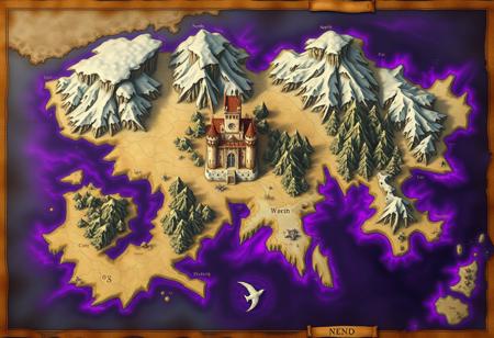 fantasy world map, one continent, snowy north, sandy south, forested east, middle castle. in the style of an old map, parchment. purple water, glowing edges, demonic. fjords