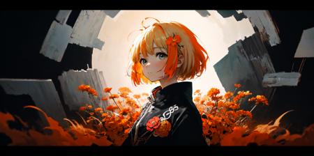 abstract-art (style-of-Yuko-Shimizu:1.3) (dark-theme:1.1) dark-stars nihilism upper-body righteous patterned (detailed-eyes:0.8) bob-cut hair-flaps parted-bangs (split-color:1.2) (orange-hair blonde-hair) jewel-like-eyes red-hair Grey-theme masterpiece embroidery bloom cinematic-composition post-processing