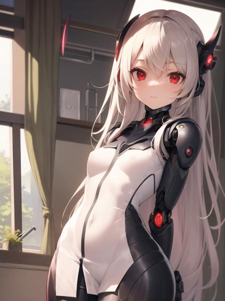 masterpiece,best quality,detailed,1girl,window,laboratory,girl|cyborg|demon,upper body,duster,red eyes,long hair,arms behind back