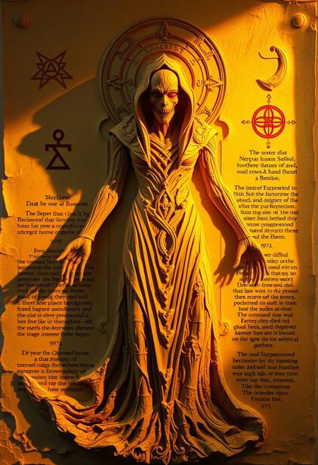 A mysterious otherworldly figure sculpted from textured layers of warm golden papier-mâché, illuminated by soft, warm golden hour light, surrounded by cryptic symbols and arcane texts in a raised relief style, displaying soft light and shadows.