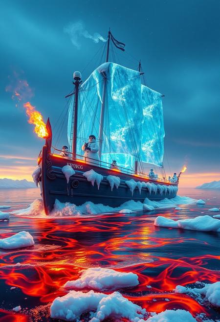 BLUE ICE ship, MELTING PARTS, The crew is a group of sweating snowmen, a ship that is made out of BLUE ICE, the ship is forming out of a wavE OF STEAM very surrealistic in another universe, unrealistic, SAILING IN A SEA OF MAGMA, fire fishs jumping from the magma,