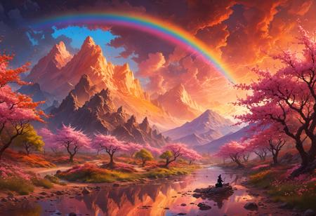Glowing alpenglow on mountain peaks, Constructivist industrial zone, Rainbow spectrum in a summer sky, Enchanted fairy tale forest with magical creatures, Cherry blossom trees lining a peaceful avenue, Fierce sandstorm obscuring a desert horizon, Fiery-haired witch concocting potions in a forest glade, A river that flows with liquid light