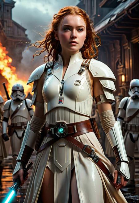 High resolution ultra-realistic of Beautiful Jedi Knightess, 8k, capturing the intensity of the moment, cinematic lighting, standing on a bloody and stormy battlefield in bloody battle, wavy red hair, realistic dirty pale face, realistic brown eyes, beautiful hourglass figure, burning in a Star Wars Town, intricately designed dirty white Jedi robes, Star Wars Aesthetic, perfect athletic figure, beautiful Sadie Sink as Jedi Knightess, ultra realistic, cinematic style, vigorous and seductive, athletic figure, Star Wars style, dramatic lighting, wet and sweaty skin, dirty skin, athletic figure, dark fantasy, dramatic lighting, Greg Rutkowski style, Jedi Knightess on in Jedi dress, hyper-detailed, hyper-realistic,  natural light, extremely intricate details, masterpiece, epic, bright colours, Attractive 21 old years girl, Attractive, beautiful firm Breasts, sharp focus, digital painting, Photograph Taken on Nikon D750, Alphonse Mucha, 8K, athletic figure, Hyperdetailed, hyperrealism, Attractive, Attractive bust girl, asymmetric balance