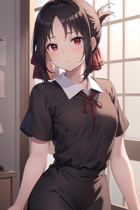 kaguyashinomiya, <lora:kaguyashinomiyatest:1>,
kaguya shinomiya, folded ponytail, forehead, hair ribbon, (red eyes:1.5), red ribbon, ribbon, short hair, sidelocks, (small breast:1.2),
BREAK black dress, dress, pinafore dress, school uniform, shirt, short sleeves, shuuchiin academy school uniform, white shirt,
BREAK looking at viewer,
BREAK indoors, classroom,
BREAK <lora:GoodHands-vanilla:1>, (masterpiece:1.2), best quality, high resolution, unity 8k wallpaper, (illustration:0.8), (beautiful detailed eyes:1.6), extremely detailed face, perfect lighting, extremely detailed CG, (perfect hands, perfect anatomy),