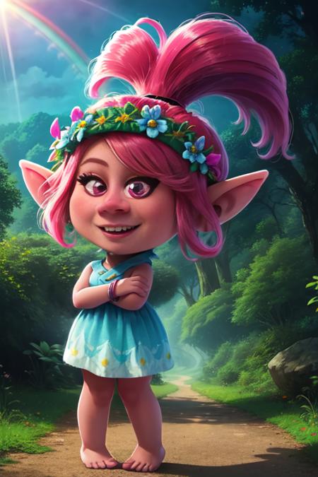 QueenPoppy,pink hair, ponytail, pink eyes,pointy ears, solo,  happy,  cowboy shot,  standing,  chibi
QPdre,bracelet,hair flower ,head wreath,dress,barefoot ,  crossed arms, 
forest, sunshine, rainbows,  mature, 
  (insanely detailed, beautiful detailed face, masterpiece, best quality)   <lora:QueenPoppy-10:0.7>