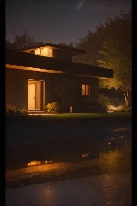 A suburban home at nighttime, RAW photo, Photorealisic, In the style of Ansel Adams, in the style of Frenk Lloyd Wright, HDR, Bokeh, warm evening palette, Natural lighting