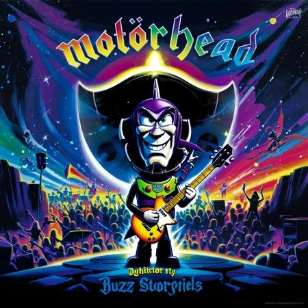 Disney animation style Disney (buzz lightyear:1.2) as lemmy from motörhead, playing guitar on a (rock concert:0.85), motörhead_cover, record cover, (toy storry style),,. Bright colors, fluid motion, charming characters, wholesome storytelling, hand-drawn animation