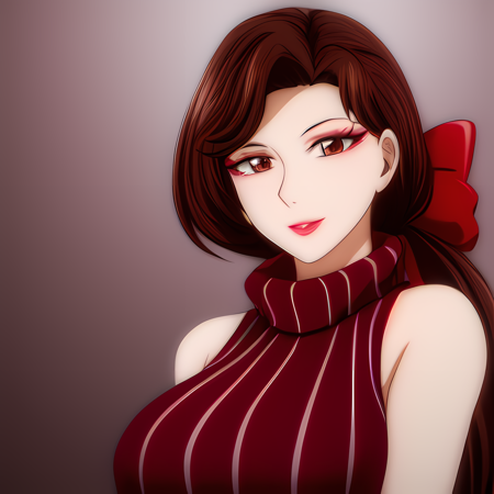 ((best quality)), ((illustration)), ((masterpiece)), unreal engine, 3D, artstation, high quality, highres, absurdres, 1girl, solo, red around eyes, light smile, lips, bare shoulders, turtleneck, medium breasts, red pullover, defined face, shaded face, long hair, brown hair, wavy hair, low ponytail, red ribbon, blush, makeup, brown hair, brown eyes, mole, mole under eye, lipstick, looking at viewer, short hair, eyeshadow, <lora:TangYue:1>, upper body, portrait, arms up