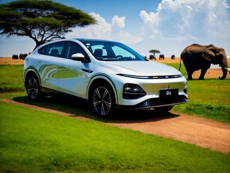 RAW photo, XPeng G6, wide view of a car parked in a distance in grassland in Africa, with an elephant in the blurred background <lora:xpeng_v1.2:0.9>, (high detailed skin:1.2), 8k uhd, dslr, soft lighting, high quality, film grain, Fujifilm XT3