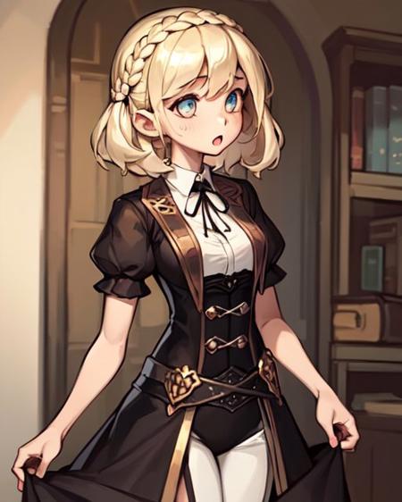 <lora:BumblesteakV2:0.8>
1girl, ((blonde)(very long)(French braid) hair),  finely detailed black (Victorian dress), hair ornament, ribbon, accessory