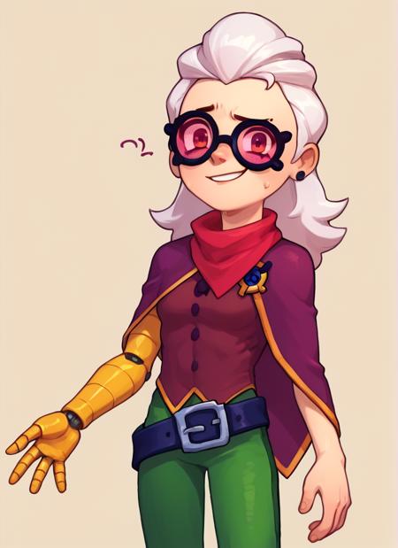 1 girl , bsbelle , white hair, tinted eyewear   ,purple  capelet,red scarf, single mechanical arm,  single arm , brown shirt , green pants ,belt , solo ,