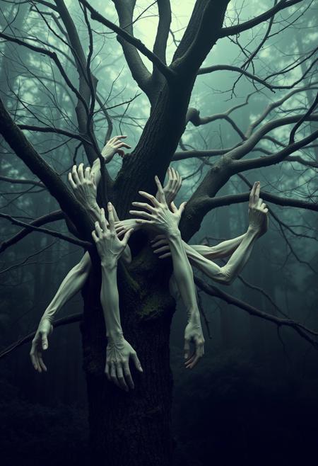 Subject: Tree full of branches
branches; entwined by multiple human-like arms
Arms: Pale, thin, and unnatural, gripping and wrapping around the tree branch
Tree: Dark, moss-covered bark, central focus of the image
Environment: Dense forest with muted green tones, foggy and atmospheric
Lighting: Soft and diffused, minimal highlights, emphasizing eerie shadows
Atmosphere: Haunting, surreal, and unsettling
Mood: Creepy, mysterious, and otherworldly
Style: Hyper-realistic dark surrealism with natural and macabre elements