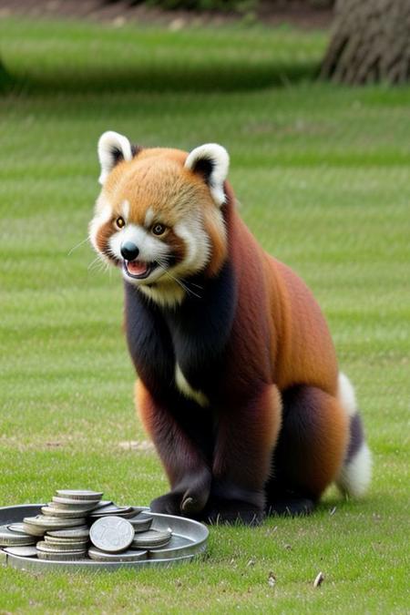 <lora:Redpandav01:0.7>,A whimsical image of a red panda standing on its hind legs, playing a banjo. The setting is an outdoor environment with lush green grass and plants. There is a hat on the ground filled with coins, suggesting the red panda is performing for tips. The scene is cheerful and detailed, with the red panda looking expressive and engaged with the banjo.
