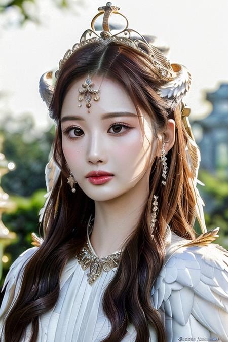 a nmixxsullyoon, perfect eyes, royal dress, angel wings, crown, (ultra realistic:1.5), (standing on castle garden:1.2), (close-up photo:1.4), (masterpiece:1.5), (intricate:1.5), (looking at camera:1.5), (best quality:1.5), <lora:nmixxsullyoon-v1-hb:1>