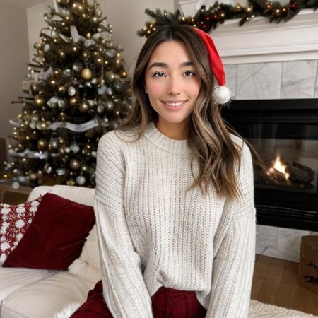 <lora:janetrosee_sd15_512_128_64_v1:1> janetrosee 1girl wearing a christmas sweater , cozy fireplace in background, christmas decoration in background,