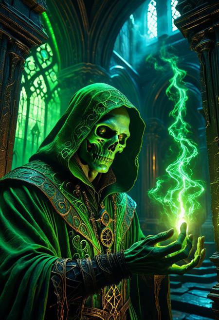 aidmamj6.1, close shot, necromancer, casting a spell, lime green magic, crypt, mist, light beams, fantasy building interior, detailed background, Detailed face, detailed eyes, perfect eyes, absurdres, high quality, masterpiece, very aesthetic, 8K resolution, ultra-detailed cinematic composition, contemporary concept art style, volumetric magical atmosphere with ethereal glow, rich complementary color palette, vivid gradients and chiaroscuro contrast, dynamic perspective with layered depth of field, inspiring awe-inspiring mood, Unreal Engine 5 render quality, intricate textures, flawless anatomy, rule of thirds composition, luminous highlights, surreal ambiance, award-winning illustration, harmonious balance of light and shadow, photorealistic details, ArtStation trending, chromatic accents, nostalgic futurism, dreamlike serenity, bold creativity, professional finish, sharp focus, ambient background, fascinating dynamic motion,, Baroque art style, dynamic composition, dramatic lighting, rich colors, intricate details, professional-grade execution, captures the grandeur and theatricality of the Baroque period
