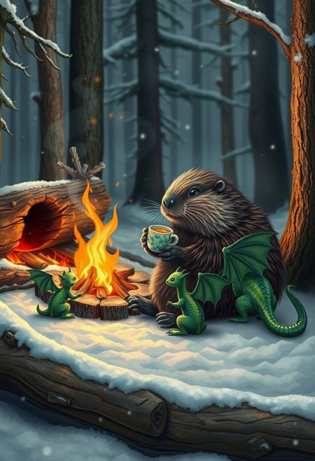 Realistic beaver sitting nearby fallen tree next to  a  big campfire and  eating a sandwich with cheese  and holding a cup of tea, sitting with a group of little green dragons with dark green wings , with details, snow, snowy, winter forest, vivid colors, details seen under an electron scanning microscope