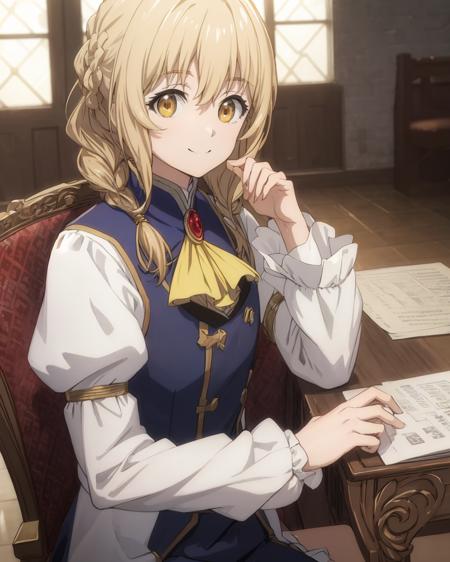 masterpiece,best quality,highly detailed, extremely detailed CG unity 8k wallpaper,illustration,guild girl,blonde hair,blonde eyes,light smile,on chair,sitting,arm at side,facing viewer,looking at viewer,solo,solo foucs,day