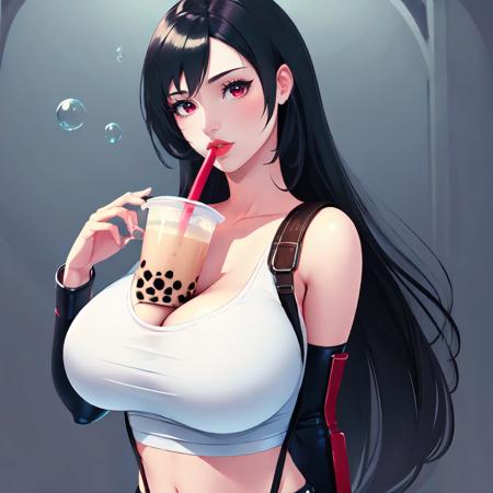 Highly detailed, High Quality, Masterpiece, beautiful, TifaOG, <lora:Tifa:1>, 1girl, solo, cowboy shot, red eyes, boobatea, with a cup of bubble tea on her boobs, lips on the straw, drinking through the straw, <lora:Pos_BoobaTea:0.8>