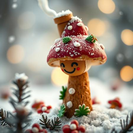 photo, selective focus, miniature effect, bokeh, highly detailed, vibrant, perspective control, natural tilt shot, christmas mushroom made of ginger bread with chimney on its head, g macro photography, (enchanting:1.3), (luminous:1.2), (oversized flora:1.1), mystical, magical, vibrant photography, shimmering light, dreamy, whimsical, serene, soft-focus, hyper-detailed digital art, made of flowers, 2 mushrooms, smile, snow, winter, snowfall, conifers, ginger bread, sexy little red riding hood Lindsey Stirling, mushroom with smoking chimney