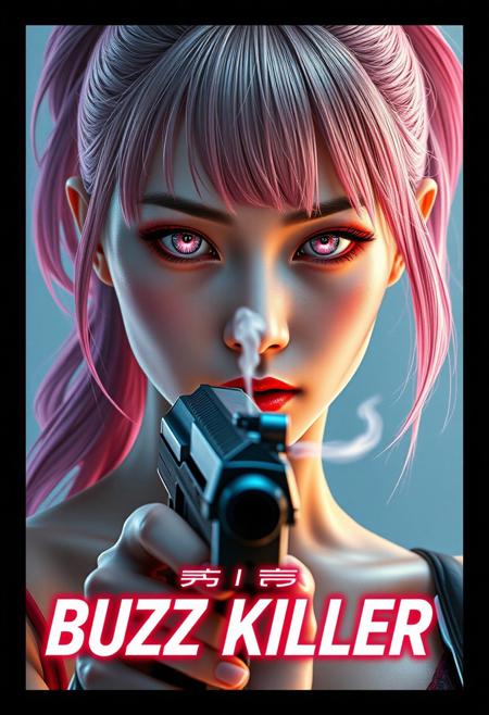 Photorealistic vertical movie poster of a Japanese cyberpunk assassin. The frame is tightly cropped — her face and gun completely fill the poster. She is Atsuko Suzuki, tall and slender, with blush pink hair in a high ponytail, brushed bangs, and loose strands framing her intense face.
Her cybernetic eyes glow faint pink, with hyper-detailed circuitry in both irises:1.8. She wears bold red Asian-style eyeshadow. Her black futuristic pistol is centered at the bottom of the frame, pointed directly at the viewer, slightly blurred.
A thin plume of smoke curls upward from the barrel, drifting across her pale, focused face. The lighting is cinematic — cool neon glow on her skin and metallic edges, deep shadow in her contours.
There is no visible background, just clean black borders framing the image like a movie poster.
Text overlays:
Top of the poster:
Atsuko Suzuki is
Centered at the bottom in bold neon-style type:
BUZZ KILLER”