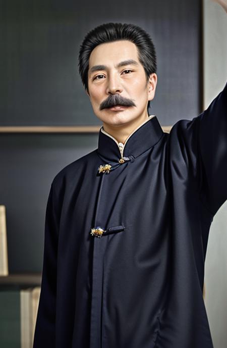 luxun,1man,mustache,old man,black hair,realstic,photo,realstic eyes,8k,masterpiece,standing,chinese,small eyes,glass,shouting,arm up,