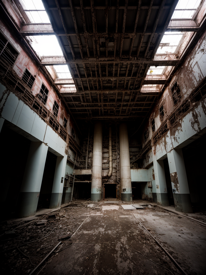 RAW photo, abandoned, ((nuclear reactor)), indoor, wrecked interior, (high detailed skin:1.2), 8k uhd, dslr, soft lighting, high quality, film grain, Fujifilm XT3