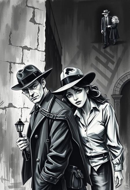 Classic oil painting style. Black and white graphic novel illustration, rich textures, visible brushstrokes, minimalist lines, expressive characters. Noir detective scene, autobiographical elements, cultural themes, emotional storytelling.