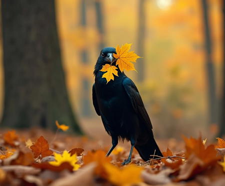 autumn, a black raven holds several yellow maple leaves in its beak, close-up, looks at the viewer, in a clearing, against the background of an autumn forest