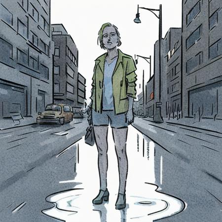 (illustration:1.2), evening rain,empty,1930,  street, portraitwoman, dystopian city, street view, centered, realistic, futuristic past, metropolis, depression, <lora:BRZV4_opti:1>