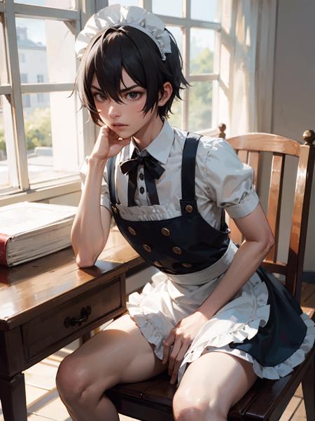 male focus, highres, indoors, 
BREAK, 1boy, solo, crossdressing, maid, maid waist apron, maid headdress, frills, angry, sitting, hand on own cheek, table,