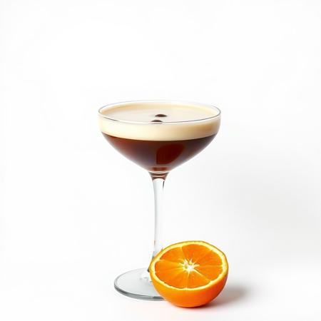 simple product Photography image on a plain, blank, pure 100% bright white background of a foamy espresso martini in a large coupe glass and 3 floating coffee beans as garnish. and cut orange beside it. zoomed out.