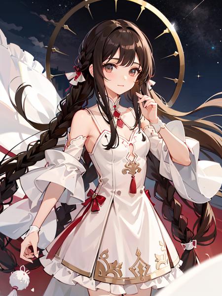 {{best quality}}, {{masterpiece}}, {{ultra-detailed}}, {illustration}, {detailed light}, {an extremely delicate and beautiful},1girl,qinge,   <lora:qinge-000020:1>,brown hair, Starry sky, [Galaxy],depthoffield