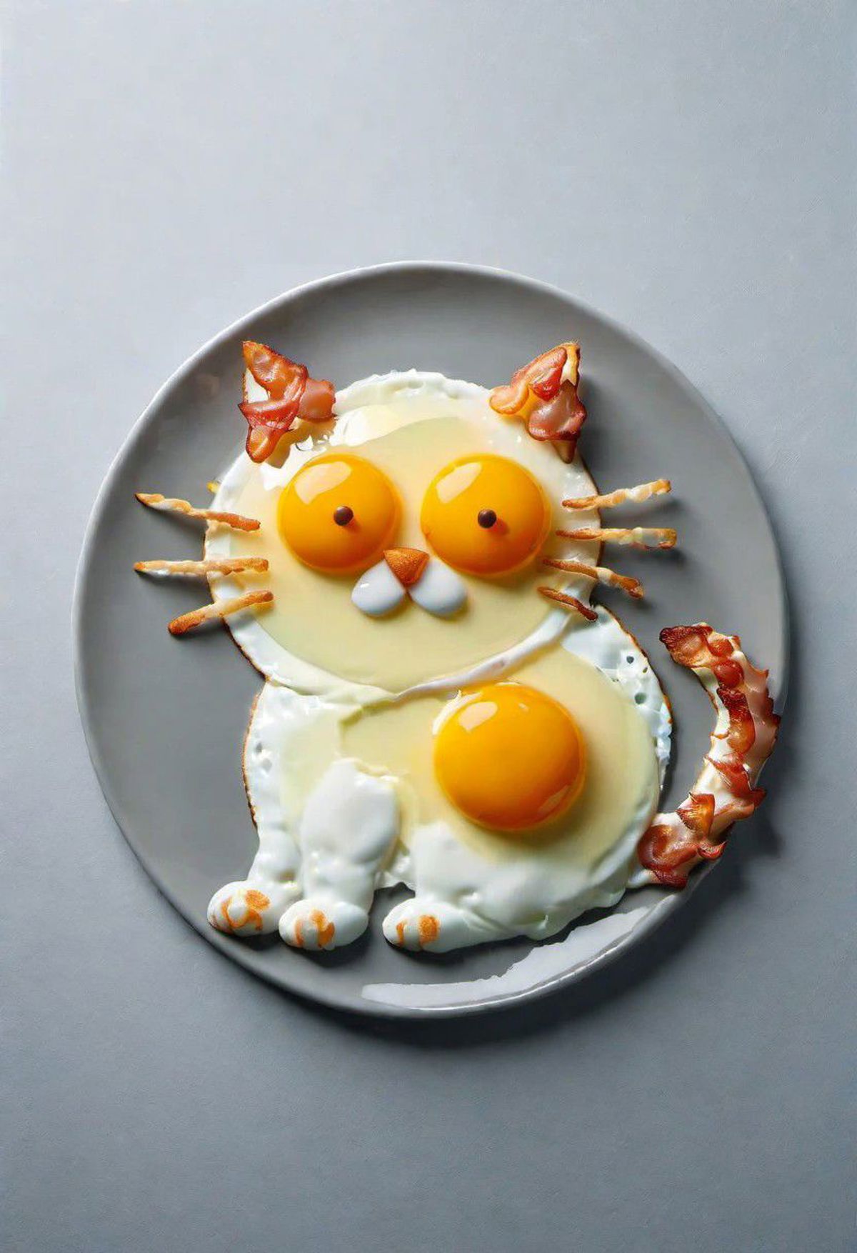 A creative breakfast dish with eggs, bacon, and a cat-shaped design.