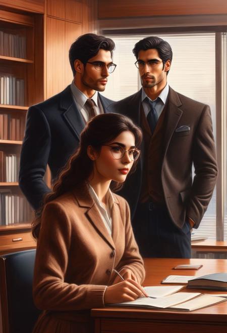 Female student in dress with brown hair stands at the professor's desk, and near ahandsome young muscular man with black hair and stubble professor in a suit and glasses sits at the table illustration for a romance novel