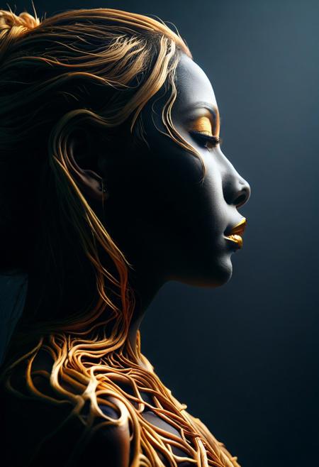 PG-TR,(film grain),ultrarealistic 4k,photoart_style, vivid, minimalist, beautiful black face, golden make-up,side view profile,realistic, Wide angle lens, high contrast, dark black tone,Cinematic Lighting, movie-level texture, hand-painted details, epic, meticulous,perfect composition, dynamic play of light, rich colors, epic shot, perfectly quality, natural textures,high detail, photoshadow, (natural colors, correct white balance, color correction, dehaze),(intricate detailed), YurYuna