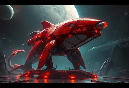 The image showcases an epic cyber Orca Mega-Fortress of Darkness, standing out in vibrant red and orange tones against a Neo Space background. The massive fortress is equipped with a prominent gun on its right arm, giving a dynamic and action-ready impression. Positioned on a Space Gate platform, the overall scene is full of life, with high-quality and sharp details, stunning and harmonious colors, and a captivating lighting style. The image is created with exceptional precision, using advanced tools such as Octane Render, Unreal Engine 5, and Houdini Style, aiming for a trending status on ArtstationHQ. The final result is a glossy, highly detailed, and hyper-realistic illustration, masterfully crafted with joy, impact, and a powerful message.