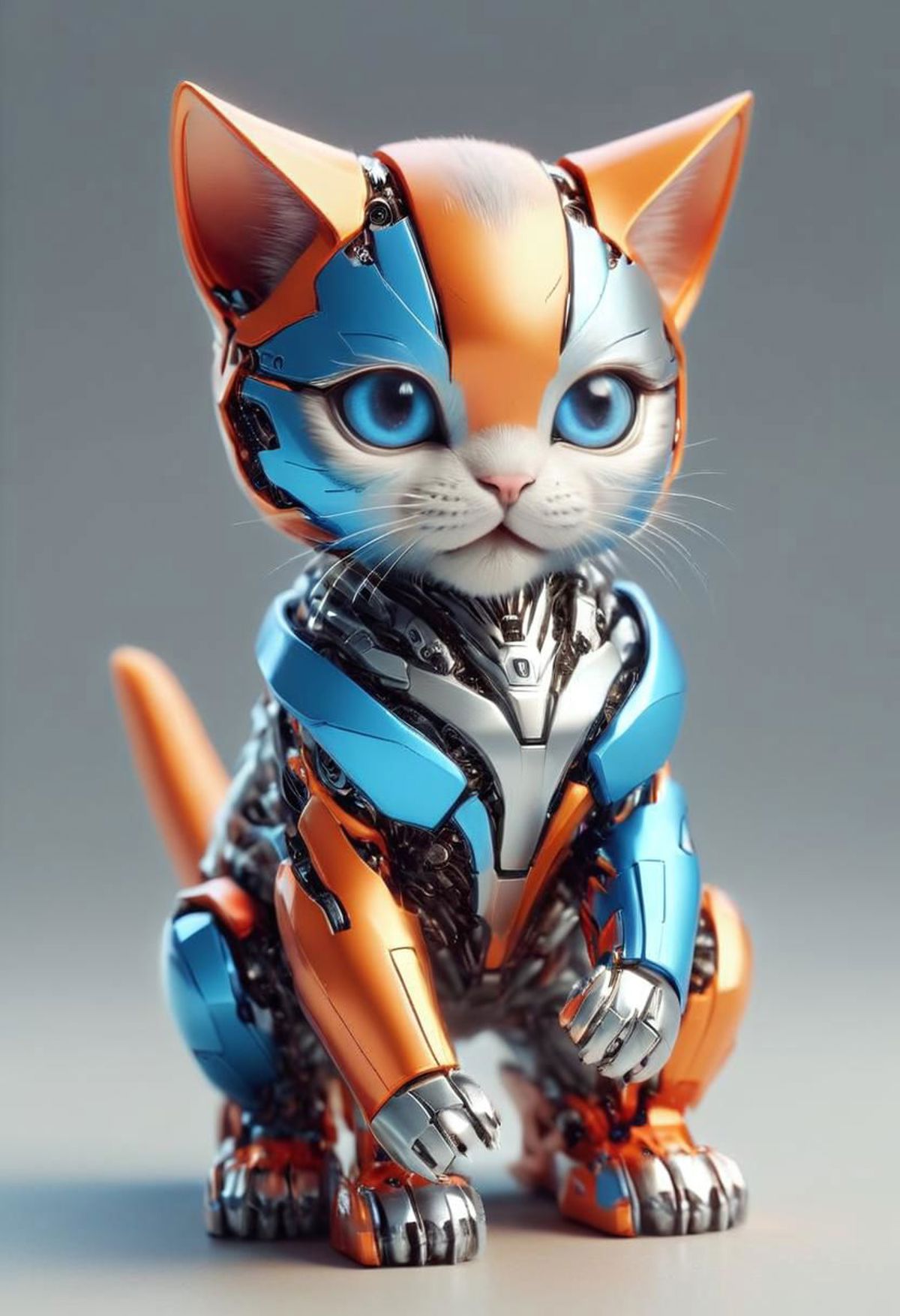 A cute kitten with blue eyes and a robotic body.