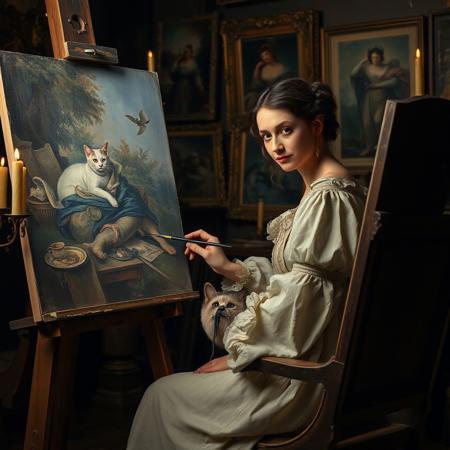 Reneissance painter woman painting in her 18th century art studio which is dimly lit by candles, for her few meters away is posing a cat on a elegant 17th century chair. she has determined look and moving her paintbrush across canvas, her studio is full of different finished and unfinished paintings, masterpiece, dramatic light.