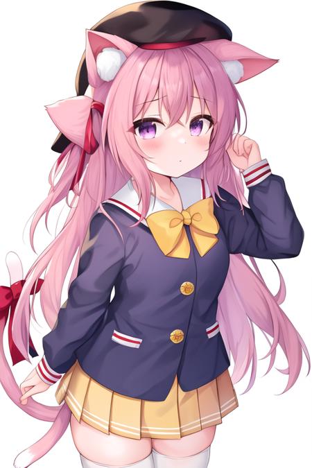 masterpiece, best quality, highres, solo, {kisaragi_azurlane:1.10}, animal_ears, cat_ears, long_hair, pink_hair, ribbon, tail, cat_tail, pink_eyes, blush, hat, bell, bow, animal_ear_fluff, jingle_bell, tail_ornament, one_side_up, school_hat, cat_girl, tail_ribbon, very_long_hair, hair_between_eyes, 1girl, blue_shirt, ears_through_headwear, kindergarten_uniform, long_sleeves, pleated_skirt, shirt, skirt, yellow_headwear, yellow_skirt, bangs, looking_at_viewer, red_ribbon, hair_ribbon, tail_bell, tail_bow, thighhighs, white_thighhighs, purple_eyes, bowtie, red_bow, yellow_bow, white_background, white_sailor_collar