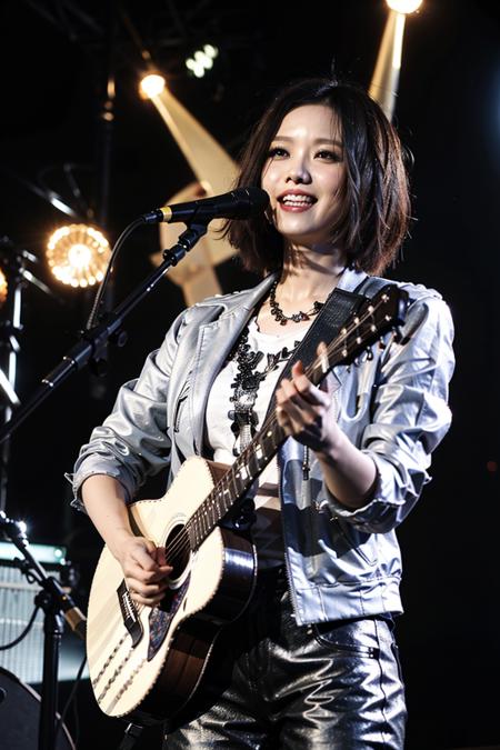 best quality, ultra high res, (photorealistic:1.4), masterpiece, Concert background,1girl,detailed eyes,hair decoration,trendy expression,jacket,top,pants,(style:1.5),standing,On stage,Play the guitar,sing(looking at viewer), <lora:yaobeina:0.8>